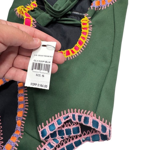 Platinum Swimwear PilyQ Olive Crochet Trim One Piece Small Trendy Vacation - Picture 5 of 6